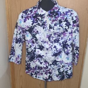 Purple and Blue Floral Fitted 3/4 Sleeve Button Down Shirt